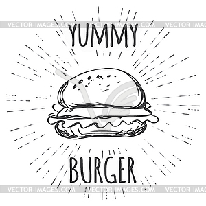 Yummy burger vintage label in hipster style with - vector image