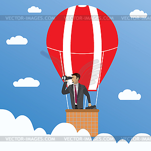 Businessman with binoculars in hot air balloon - vector clipart / vector image