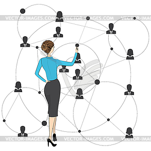 Бизнесмен женщина рисует схему глобального бизнеса, - клипарт в векторе / векторное изображение