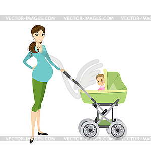 Довольно молодая беременная женщина с коляской и ребенком - графика в векторном формате