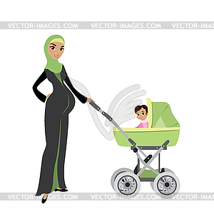 Beautiful Pregnant Muslim woman with baby in pram - vector clipart