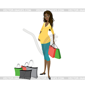 Pregnant african american woman with shopping bags - vector image