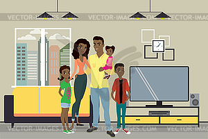 Cartoon young african american family and interior - vector clip art