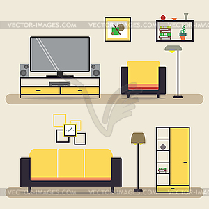 Living room with furniture.Interior with sofa,lamp - vector clipart