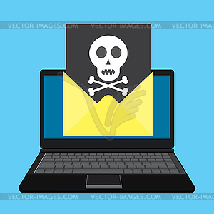 Laptop and envelope with black document and skull - vector clipart