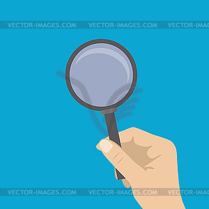 Hand holding magnifying glass, on blue background - vector clipart