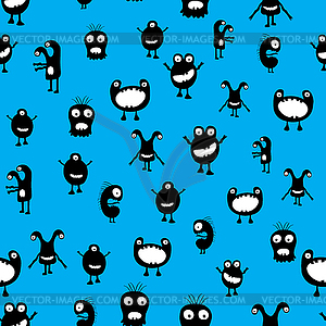 Funny and crazy monsters seamless pattern on blue - vector image