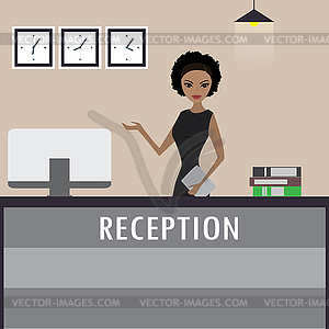 Young african american woman receptionist stands - stock vector clipart