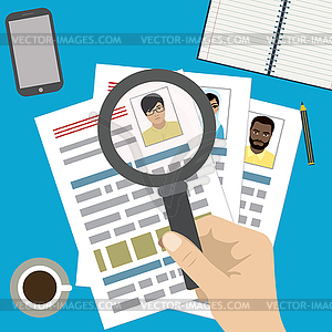 Searching professional staff, work, analyzing resume - vector clip art