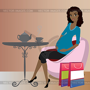 Cute african american pregnant lady after shopping - vector EPS clipart