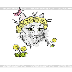 Cat with flowers, - vector image