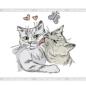 Пара влюбленных кошек, рисование рук - векторное графическое изображение