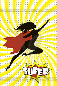 Female Super Hero silhouette and text SUPER in retr - vector clip art