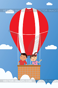 Smiling children fly in hot air balloon - stock vector clipart