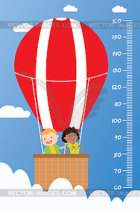 Kids height chart,Smiling children fly in hot air - vector clip art