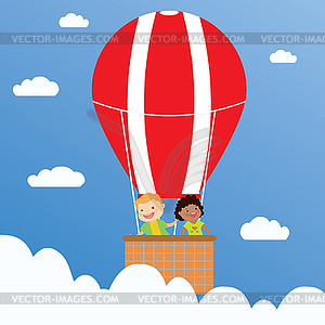 Smiling children fly in hot air balloon - vector image