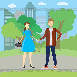 Young couple, family, standing in park, holding - vector image