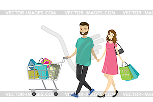 Happy love couple with shopping bags - vector image