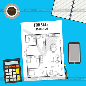 Floor plan on paper and other objects - vector image