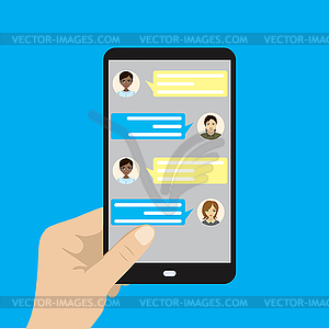 Hand holding black cell phone, online conversation - vector image