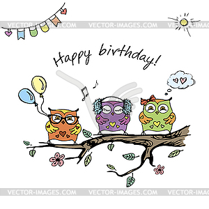 Милые совы, открытка с днем рождения, - векторный эскиз