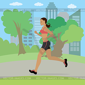 Young and slim woman running in park - vector clipart