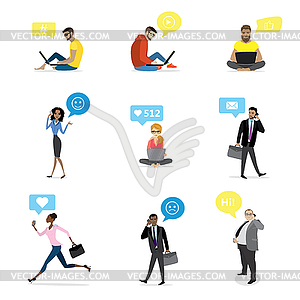 Set - fashion and business people with smart gadget - vector image