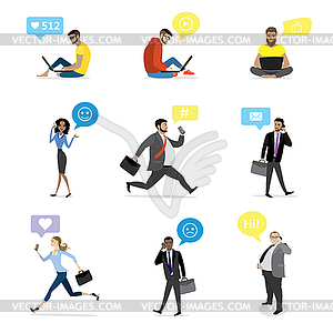 Business people with smart gadgets and bubble speech - stock vector clipart