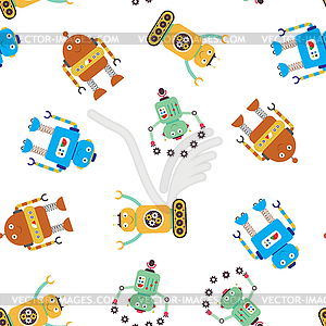 Cute funny robots seamless pattern, - vector clip art