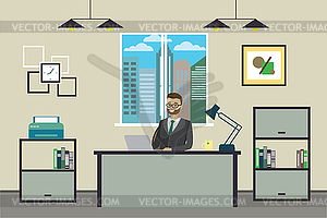 Cartoon businessman working at home or modern office - vector clipart