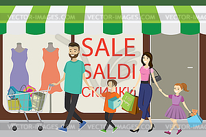 Happy family with shopping bags. Big discount in - vector clipart