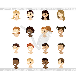 Set teenager faces,different nation and races - stock vector clipart