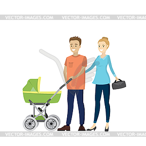 Happy young family with baby carriage - vector clipart