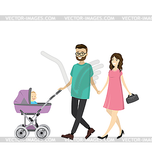 Happy young family with baby carriage walking - stock vector clipart