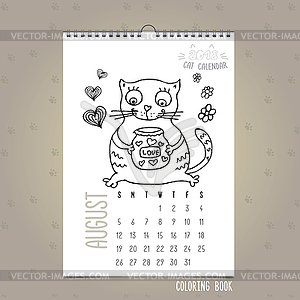 Ежемесячный календарь августа 2018 с милой кошкой и - клипарт в векторном формате