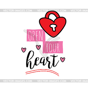 Open your heart -lettering with padlock, - vector clip art