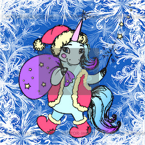 Frame winter frost decor and cute xmas unicorn - vector clipart