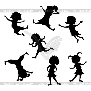 Set of cartoon girl silhouette,different action - vector image