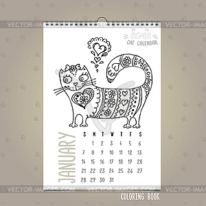 Ежемесячный календарь на январь с милой кошкой - клипарт
