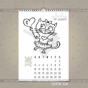 June 2018 Monthly calendar with cute cat ana heart - royalty-free vector clipart