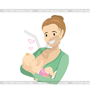 Breastfeeding illustration, mother feeding a baby with breast with