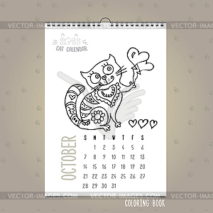 Октябрь 2018 Ежемесячный календарь с милой кошкой - векторный клипарт EPS