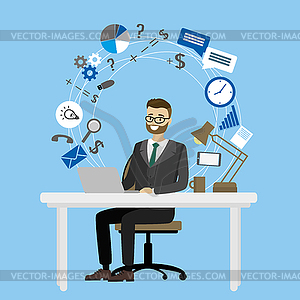 Business workplace,male sitting at table and workin - vector clipart