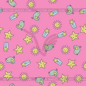 Seamless pattern with bird,stars and sun - vector clipart