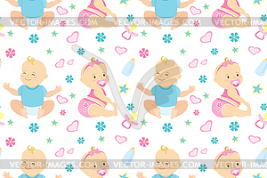 Бесшовный фон с милым новорожденным мальчиком и девочкой - цветной векторный клипарт