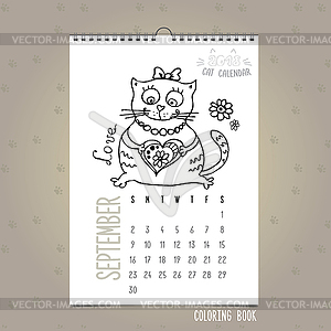 Сентябрь 2018 Ежемесячный календарь с милой кошкой, - клипарт в векторном формате