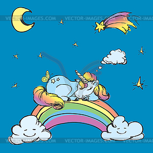 Сute Unicorn sleep on rainbow - vector clip art