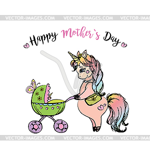 Pretty unicorn with baby carriage - royalty-free vector clipart