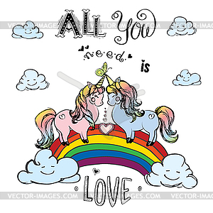 Couple of unicorns standing on rainbow with - vector image