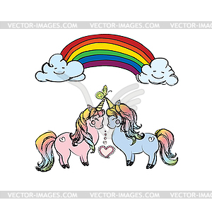 Couple of unicorns and rainbow - vector clipart